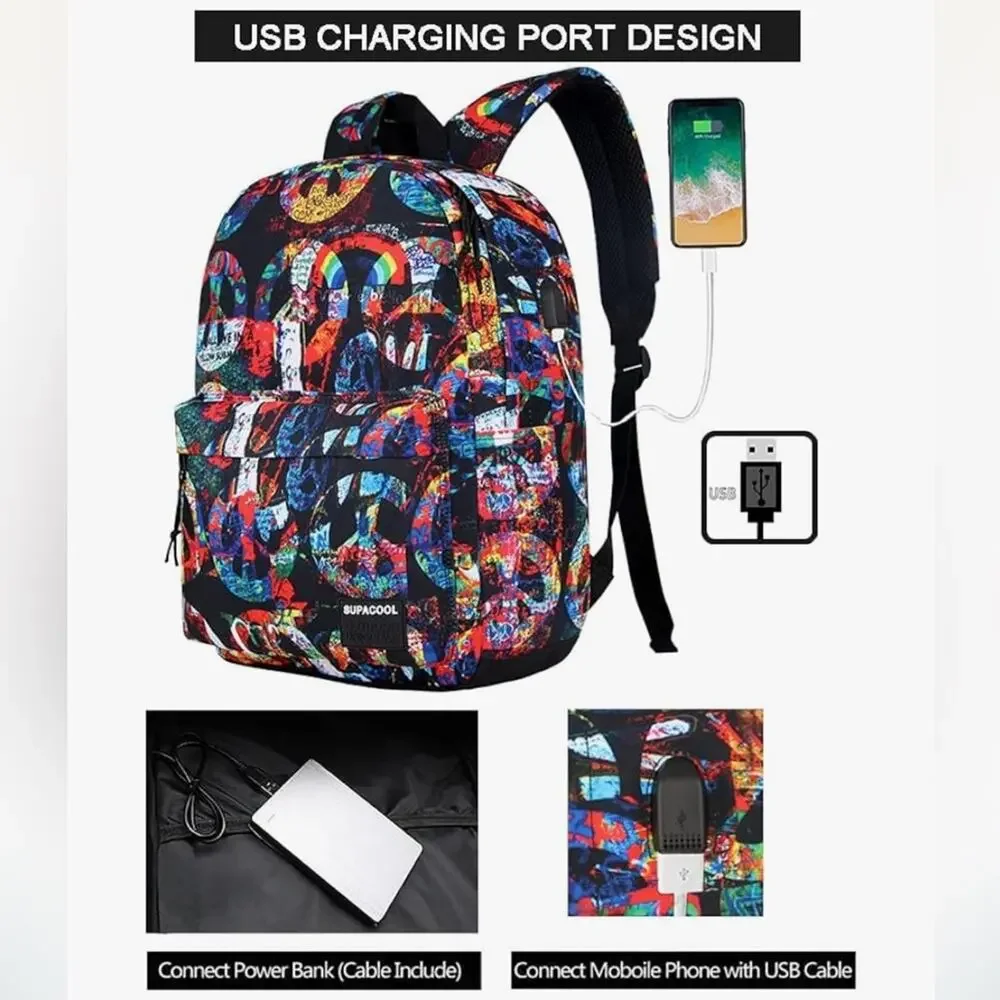 NWOT Laptop Backpack School USB Charging Port, Lightweight, Peace Graphic Unisex